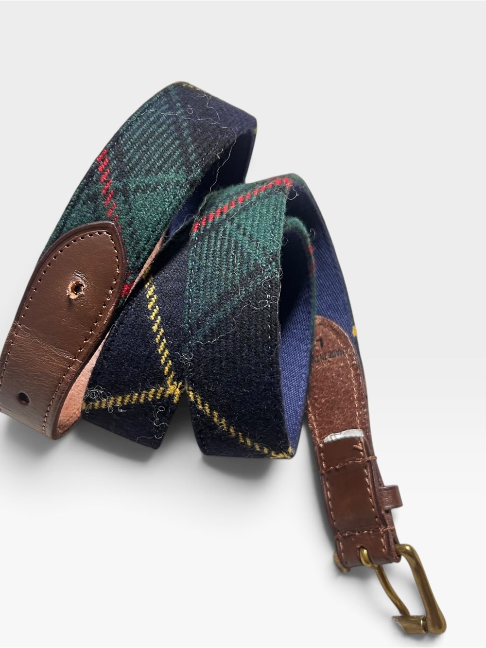 Polo Ralph Lauren men's tartan plaid wool genuine leather belt size large